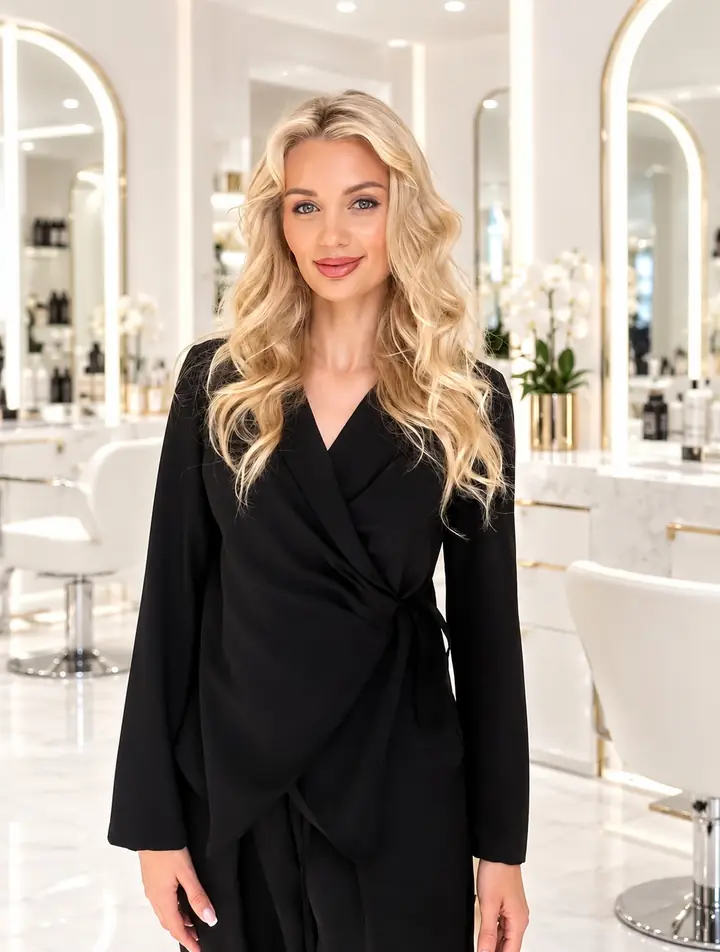 Alena, Grand Master Colorist at VEREYA HAIR DUBAI, with long golden-blonde waves, in the salon