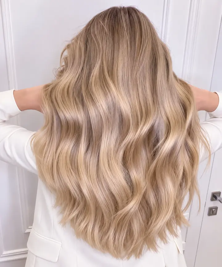 Back view of long beige blonde hair with a blended root and soft waves