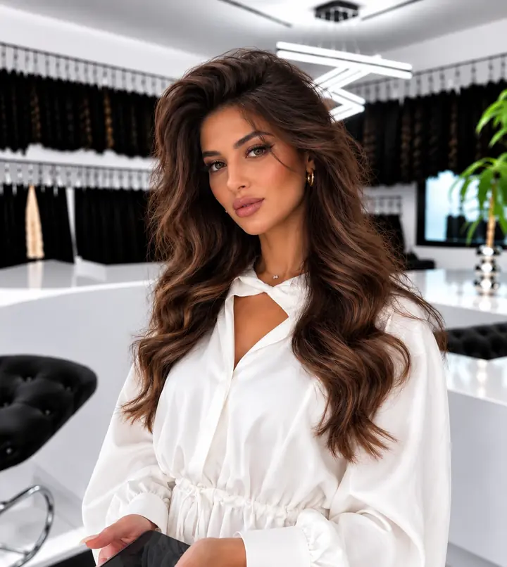 Long brunette hair with caramel balayage and lifted volume at the crown