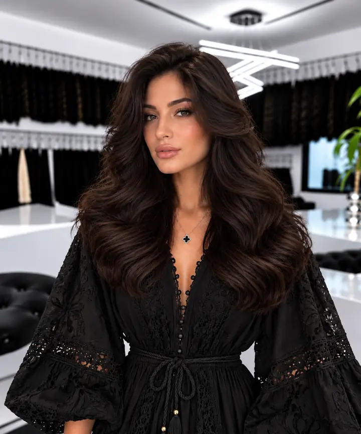 Long, voluminous espresso-brown hair blow-dried with face-framing layers