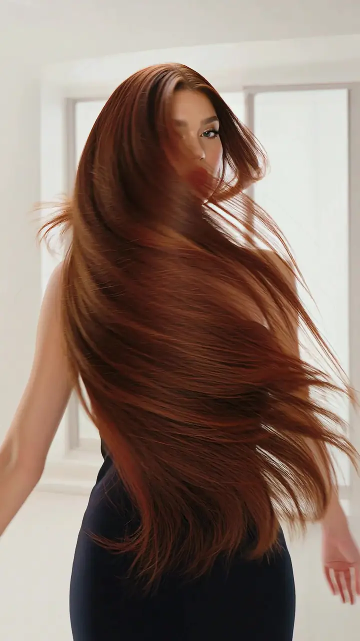 Long, glossy copper hair swinging in motion in a bright white room