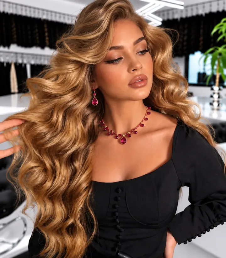 Long golden honey blonde hair with full, defined curls